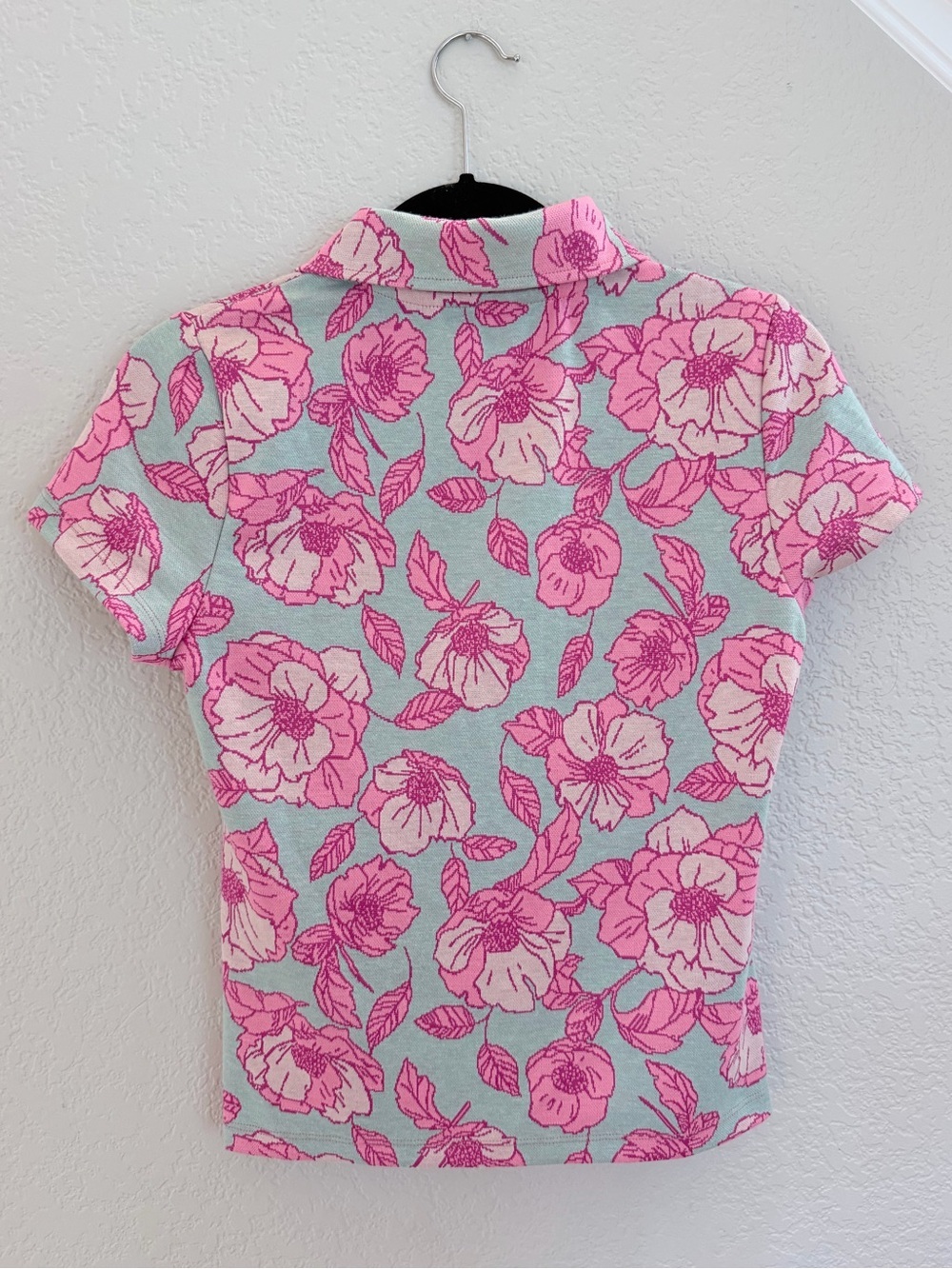 Maeve by Anthropologie Floral Jacquard Zip-Up Polo Top | Pink & Mint | Size S - Picture 7 of 9